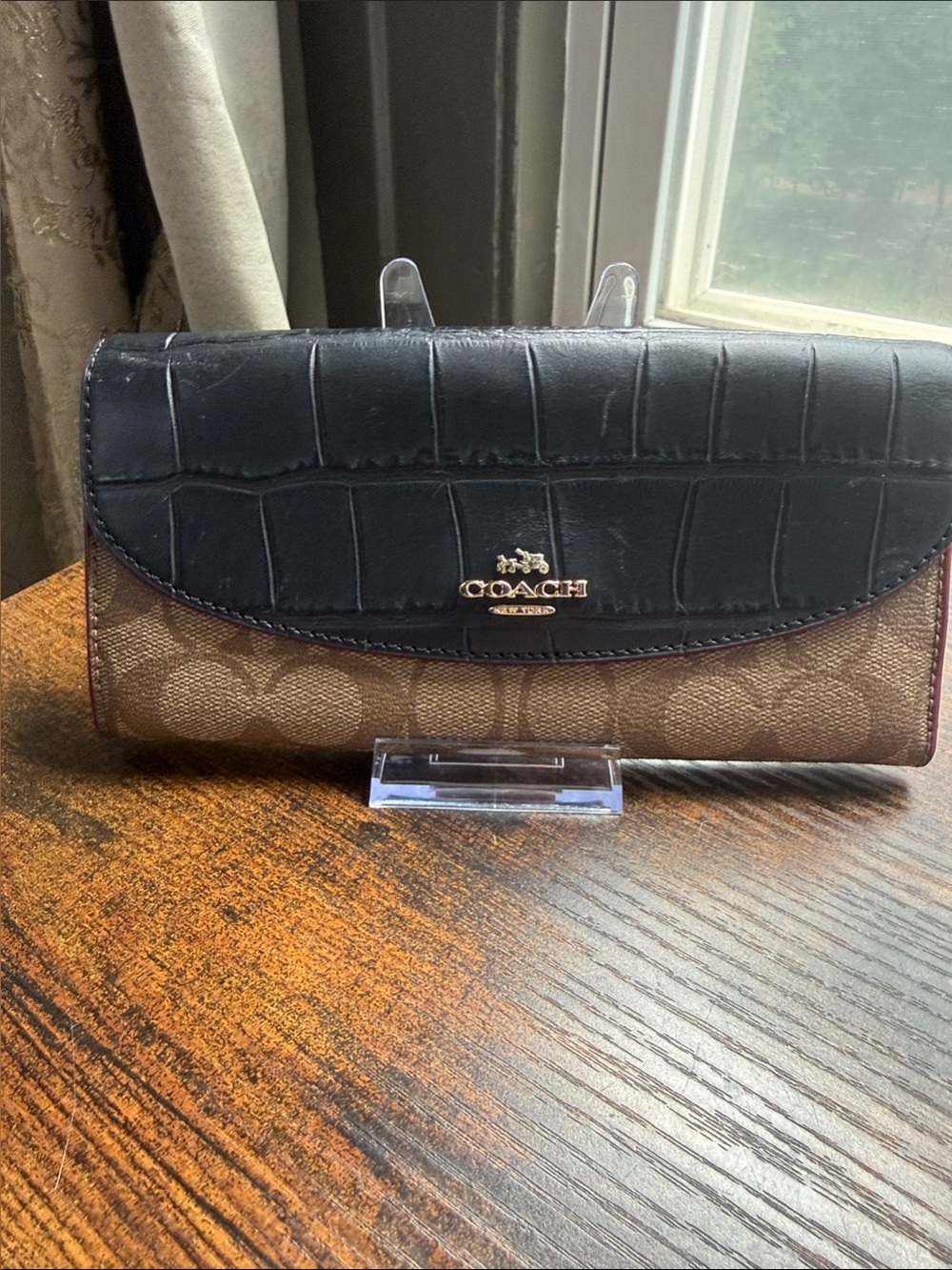 Coach Brown Signature Canvas Wallet with Black Croc-Embossed Flap